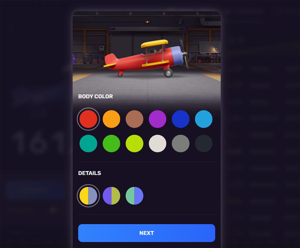 Aviator customization options with color choices for the plane body and details