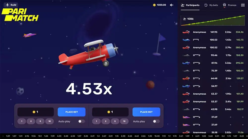 Aviatrix game screen on Parimatch platform featuring a red plane, multiplier display, bet controls, and participant results.